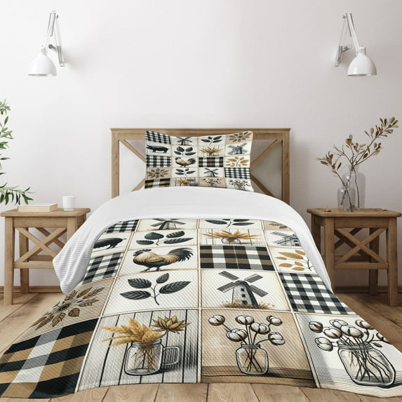 Ambesonne Farmhouse Quilted Bedspread Set 2 Pcs, Cottagecore Squares Motif, Twin Size, Pale Brown Charcoal Grey