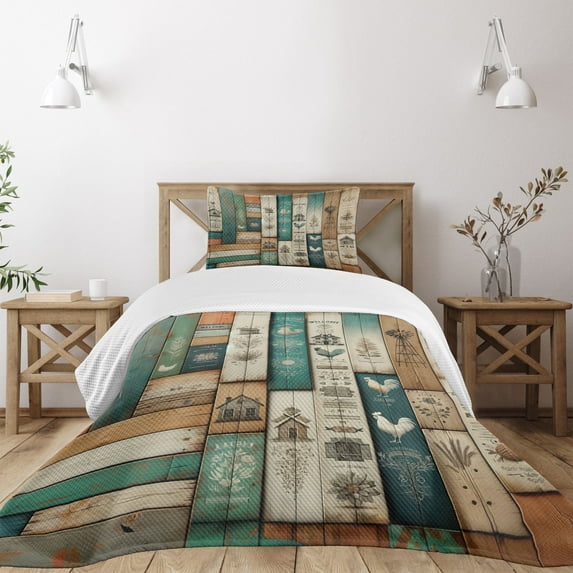 Ambesonne Farmhouse Quilted Bedspread Set 2 Pcs, Rustic Wooden Planks Art, Twin Size, Turquoise Camel and Eggshell