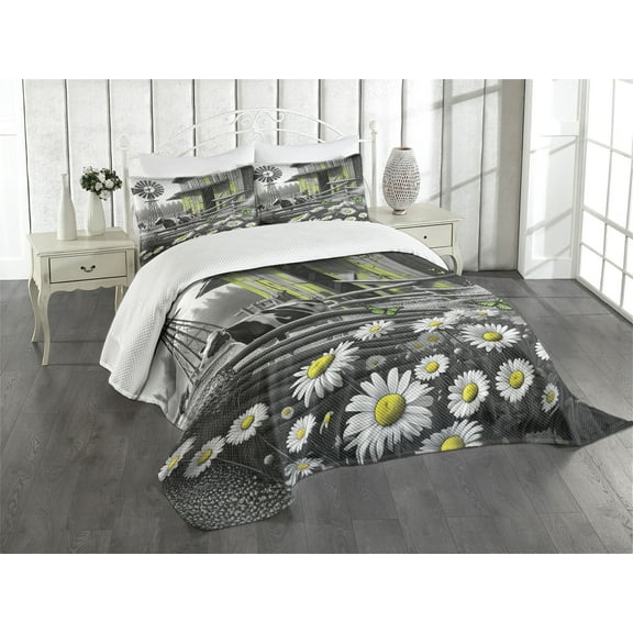 Ambesonne Farmhouse Quilted Bedspread Set 3 Pcs, Barn with Cow Butterflies, King Size, Lime Green and Grey