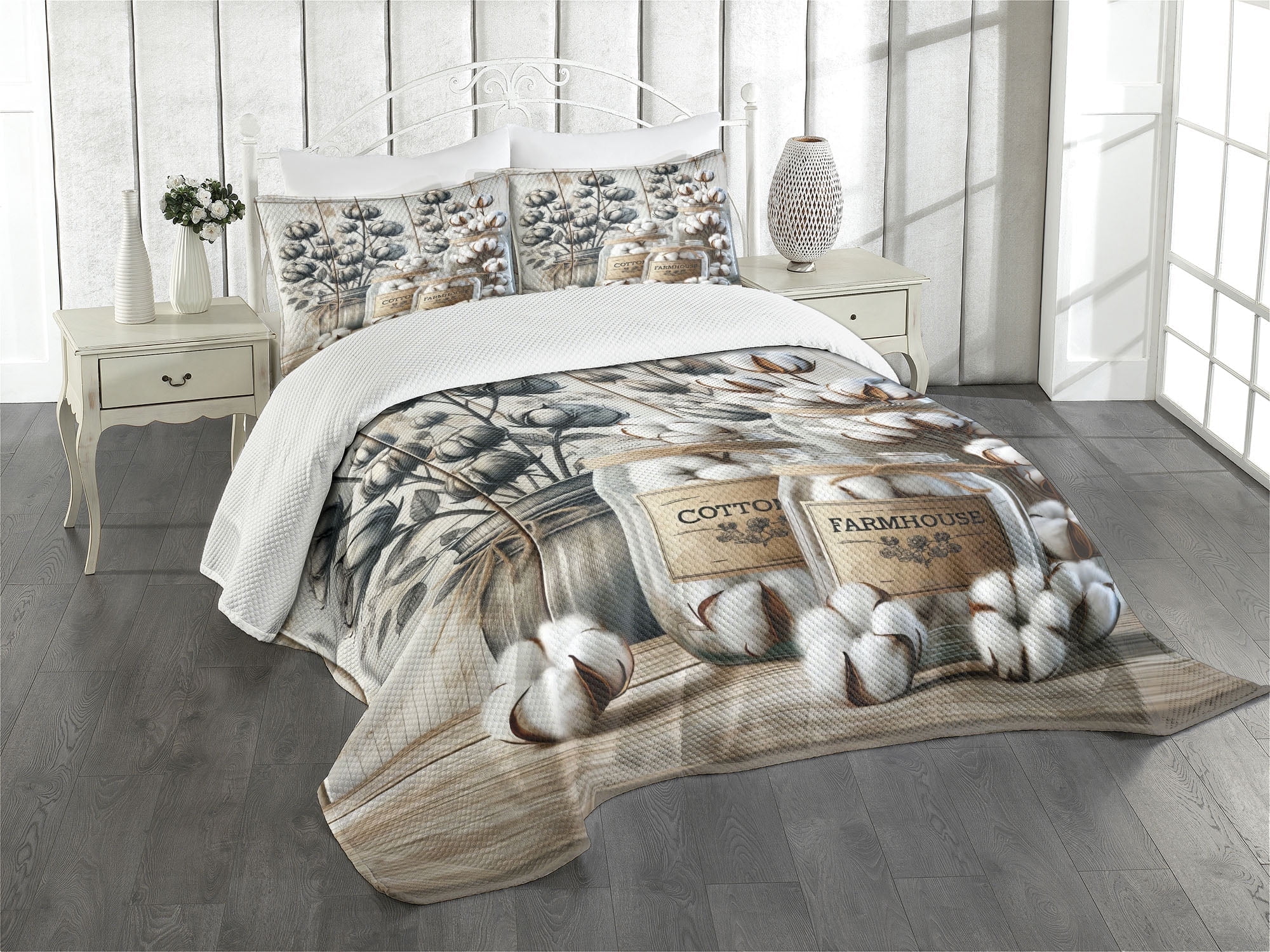 Farmhouse Tan and Blue Quilted Queen Bedspread Set