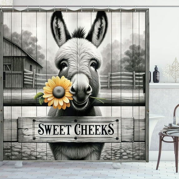 Ambesonne Farmhouse Shower Curtain, Donkey with Sunflower, 69"Wx84"L, Grey Earth Yellow