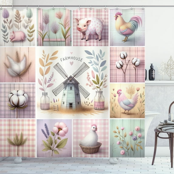 Ambesonne Farmhouse Shower Curtain, Pastel Cottagecore Square, 69"Wx84"L, Lilac Rose Mint Green