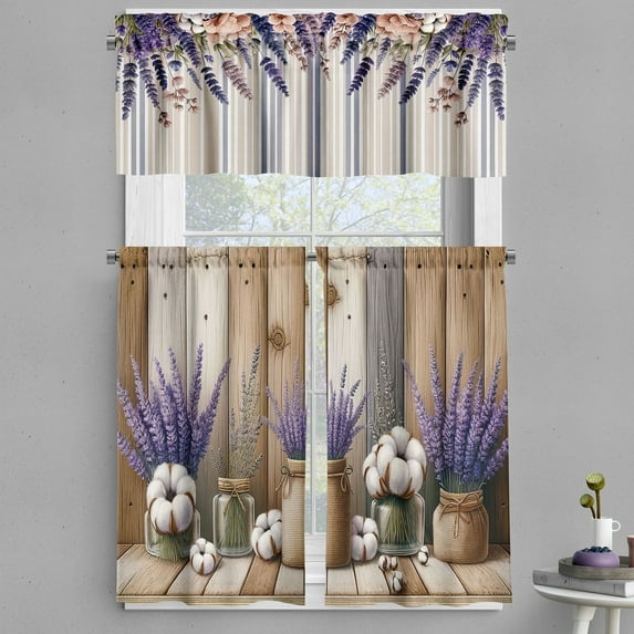 Ambesonne Farmhouse Valance & Curtain 3 Pcs Set, Boho Floral Pastel Line, 55"x30", Camel Lavender Beige