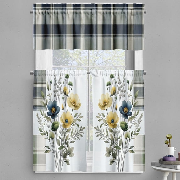 Ambesonne Farmhouse Valance & Curtain 3 Pcs Set, Classic Tartan Flowers, 55"x30", Grey Teal Pale Mustard