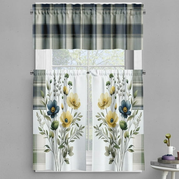 Ambesonne Farmhouse Valance & Curtain 3 Pcs Set, Classic Tartan Flowers, 55"x45", Grey Teal Pale Mustard