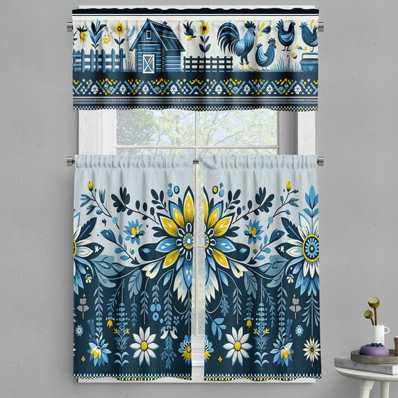 Ambesonne Farmhouse Valance & Curtain 3 Pcs Set, Ethnic Flowers and Barn, 55"x30", Blue Yellow