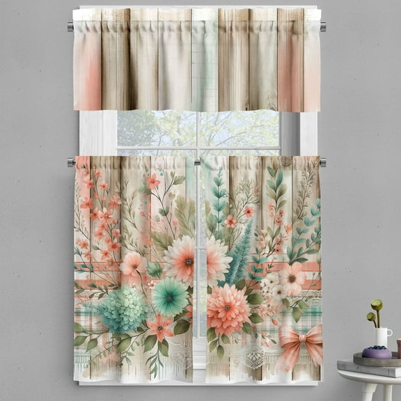 Ambesonne Farmhouse Valance & Curtain 3 Pcs Set, Spring Feel Floral Huddle, 55"x24", Coral Seafoam Eggshell