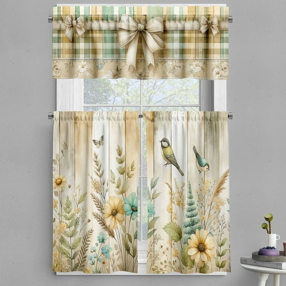 Ambesonne Farmhouse Valance & Curtain 3 Pcs Set, Tartan Nostalgia Flowers, 55"x24", Ecru Seafoam Eggshell