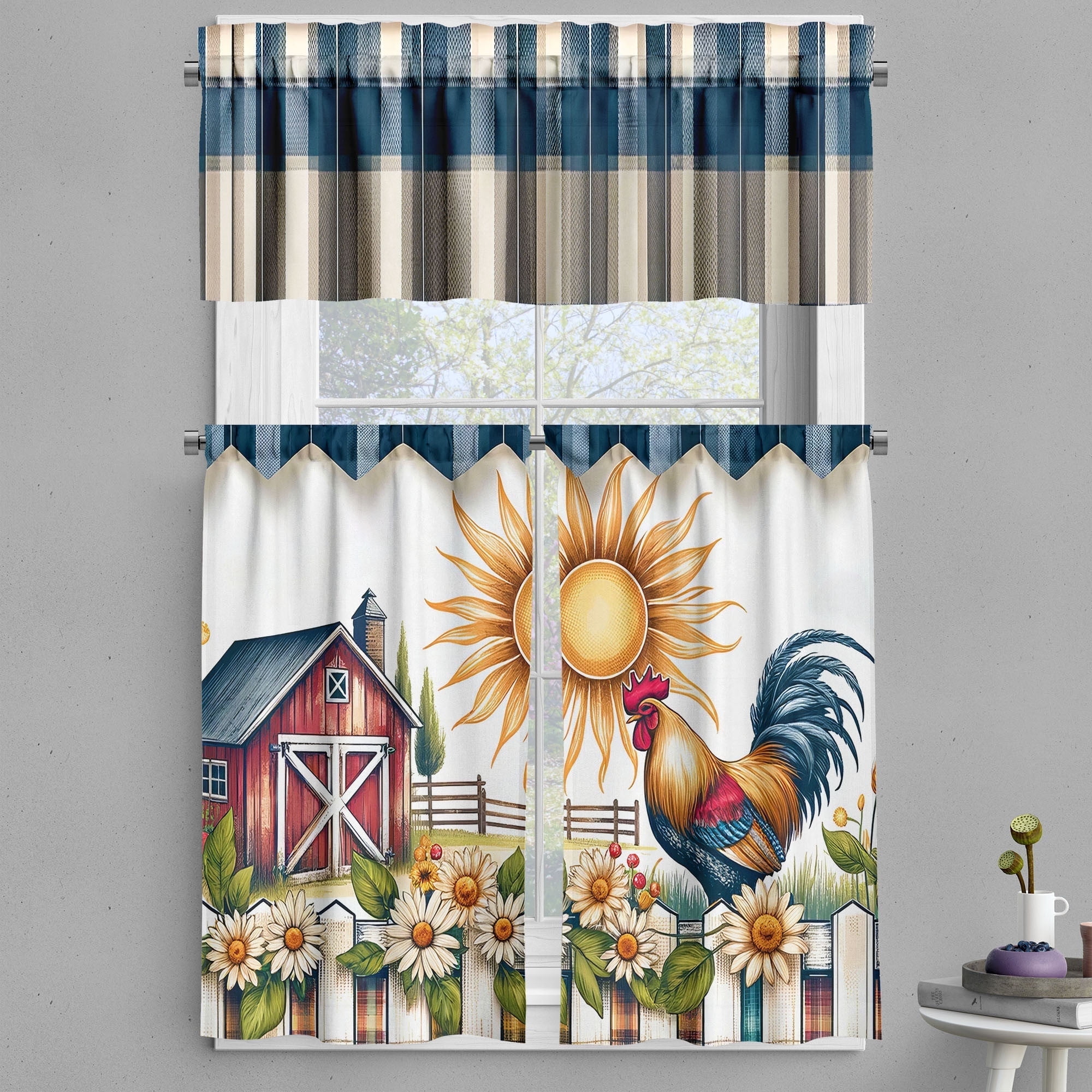 Farmhouse Slate Blue Rooster and Barn Kitchen Curtain Set