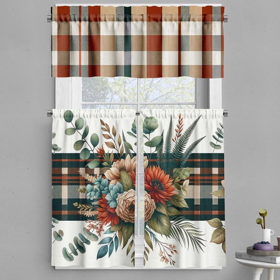 Ambesonne Farmhouse Valance & Curtain 3 Pcs Set, Tender Floral Huddle Art, 55"x24", Redwood Laurel Green Tan