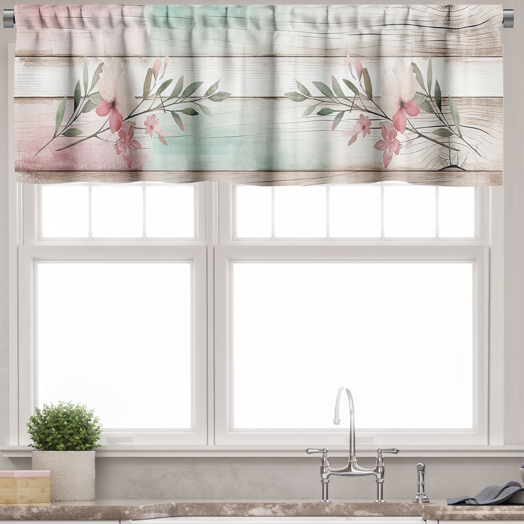 Floral Rose Mint Green Satin Rod Pocket Valance