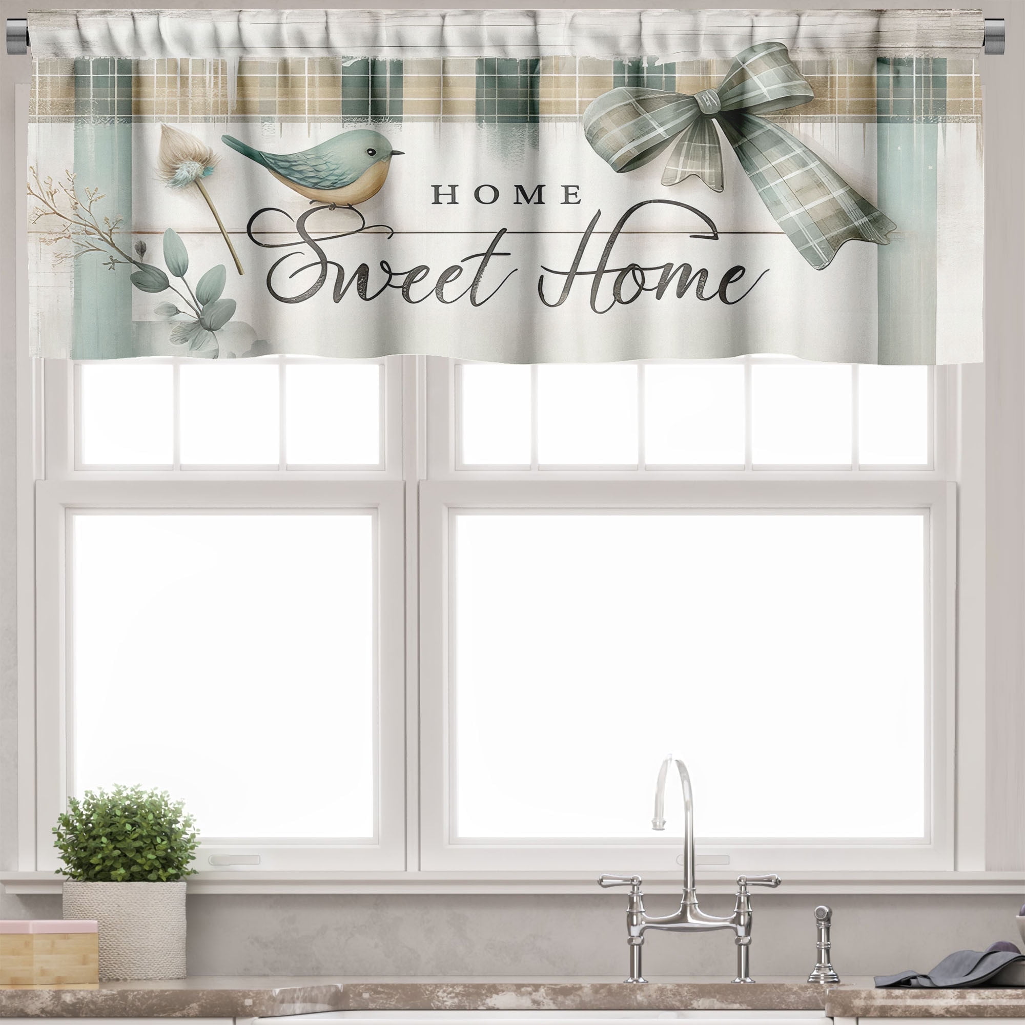 Pale Teal and Khaki Plaid Satin Rod Pocket Valance