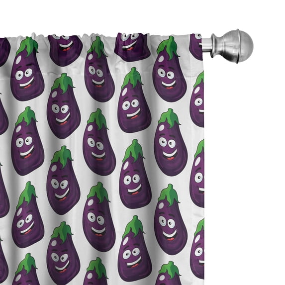 Ambesonne Farming Window Curtains, Eggplants Smiling Faces Art, Each 28" W x 95" L, Dark Purple and Green