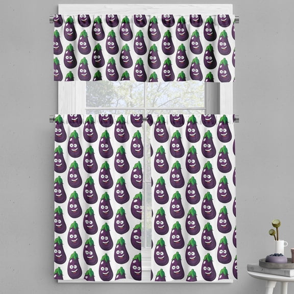 Ambesonne Farming Valance & Curtain, Eggplants Smiling Faces Art, 55"x24", Dark Purple and Green