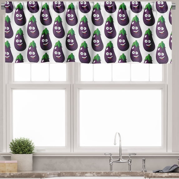 Ambesonne Farming Valance Pack of 2, Eggplants Smiling Faces Art, 54"X12", Dark Purple and Green