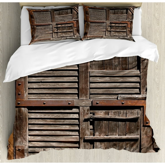 Ambesonne Farmland Duvet Cover Sets, Wooden Italian Door, 2-King, Umber Brown