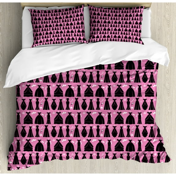 Ambesonne Fashion Duvet Cover Set, Cocktail Dresses Ball Gowns, 2-Calking, Pink Dark Chestnut Brown