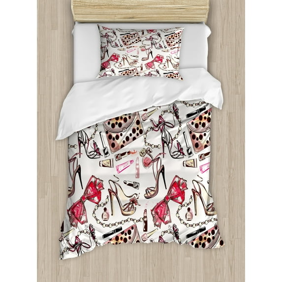Ambesonne Fashion Duvet Cover Set, Feminine Beauty Items, Twin, Black Pink Tan