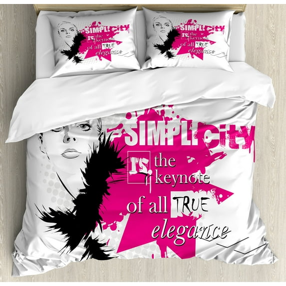Ambesonne Fashion Duvet Cover Sets, Inspirational Vogue, 2-Queen, Pale Grey Black Pink