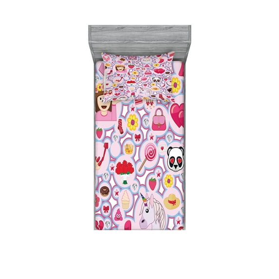 Ambesonne Fashion Emoji Fitted Sheet & Pillow Sham Set, Lady Hearts Flowers, Twin, Blush Hot Pink White