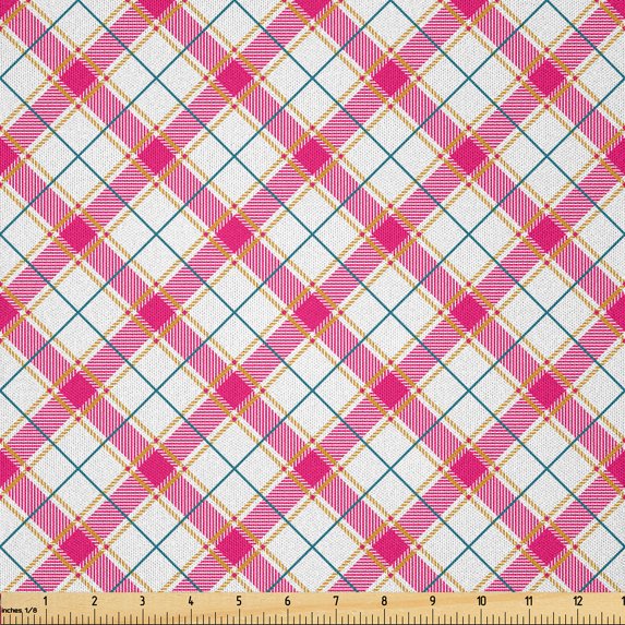 Ambesonne Fashion Fabric by the Yard Microfiber, Geometric Tartan Ornament, 10 Yards, Hot Pink and Slate Blue