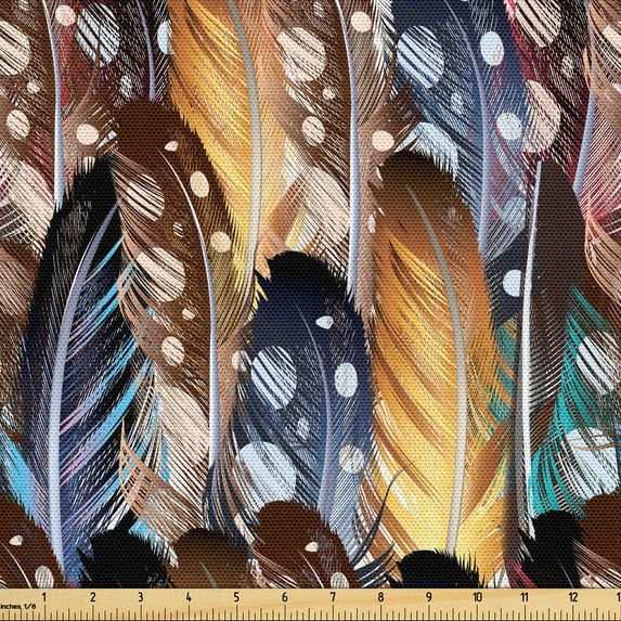 Ambesonne Fashion Fabric by the Yard Upholstery, Multicolored Feathers Plot, 3 Yards, Dark Mustard and Petrol Blue