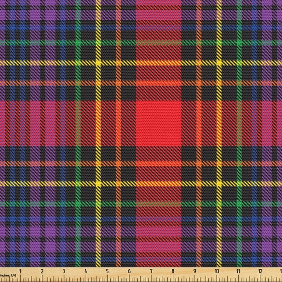 Ambesonne Fashion Fabric by the Yard Upholstery, Abstract Plaid Rainbow Art, 2 Yards, Dark Coral and Jade Green