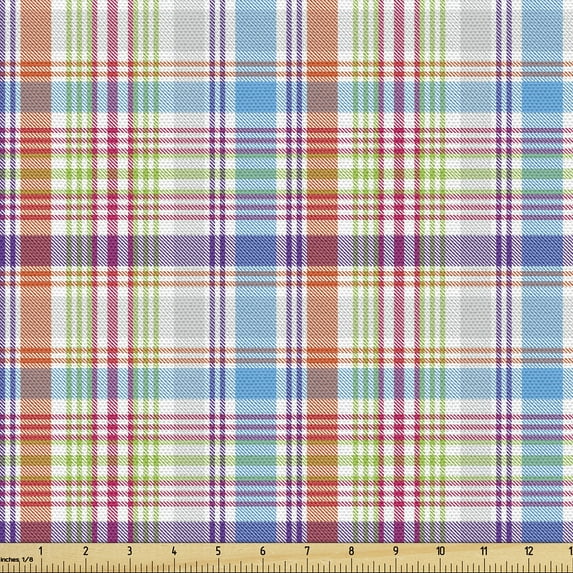 Ambesonne Fashion Fabric by the Yard Upholstery, Colorful Plaid Ornament, 1 Yard, Dark Coral Blue and Green