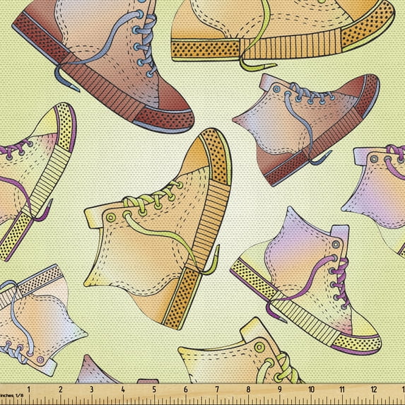 Ambesonne Fashion Fabric by the Yard Upholstery, Hand-Drawn Shoes with Laces, 3 Yards, Pale Rust Marigold and Pink