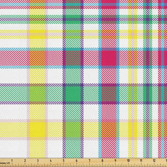 Ambesonne Fashion Fabric by the Yard Upholstery, Minimalist Plaid Ornament, 5 Yards, Yellow Sea Green and Blush
