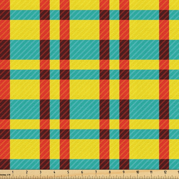 Ambesonne Fashion Fabric by the Yard Upholstery, Retro Colorful Lines Art, 1 Yard, Yellow and Dark Seafoam