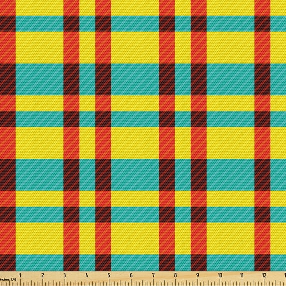 Ambesonne Fashion Fabric by the Yard Upholstery, Retro Colorful Lines Art, 5 Yards, Yellow and Dark Seafoam