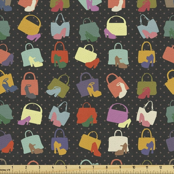 Ambesonne Fashion Fabric by the Yard Upholstery, Retro Women Shoes and Bags, 2 Yards, Charcoal Grey Multicolor