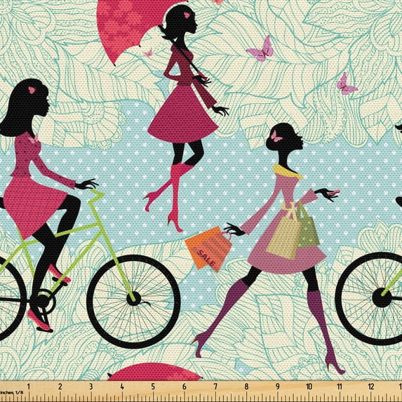 Ambesonne Fashion Fabric by the Yard Upholstery, Shopping Biking Style Art, 2 Yards, Pale Maroon Cream