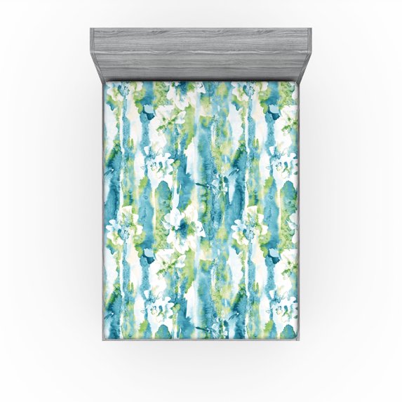 Ambesonne Fashion Fitted Sheet, Abstract Grungy Flowers Art, King Size, Dark Teal and Almond Green