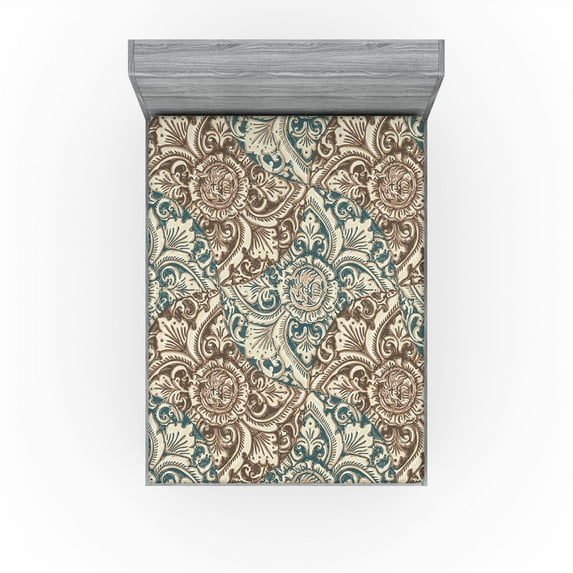 Ambesonne Fashion Fitted Sheet, Antique Feeling Flora Art, Full Size, Grey Teal Umber and Taupe