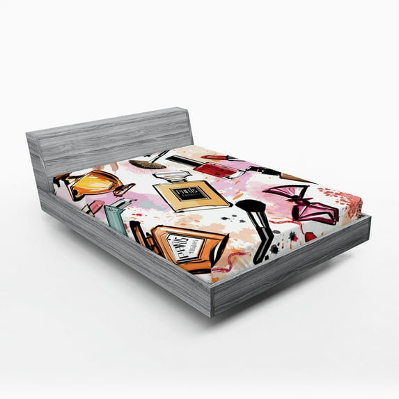 Ambesonne Fashion Fitted Sheet, Cosmetics Make up Theme, Queen Size, Multicolor