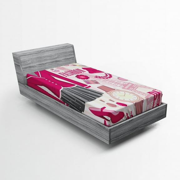 Ambesonne Fashion Fitted Sheet, Fashion in Paris Dresses, Twin Size, Beige Pink