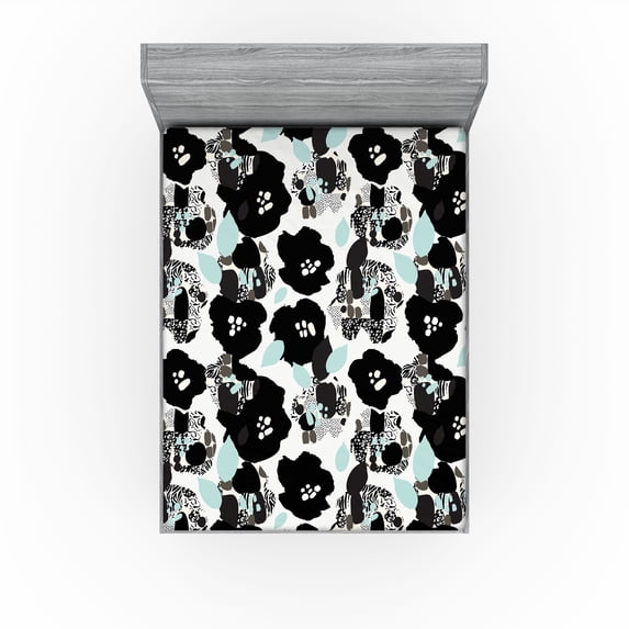 Ambesonne Fashion Fitted Sheet, Monochrome Foliage Flowers, California King, Charcoal Grey and Seafoam