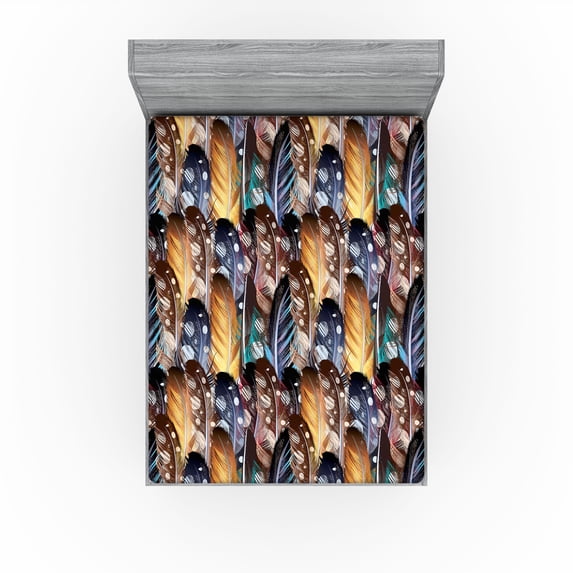 Ambesonne Fashion Fitted Sheet, Multicolored Feathers Plot, Queen Size, Dark Mustard and Petrol Blue