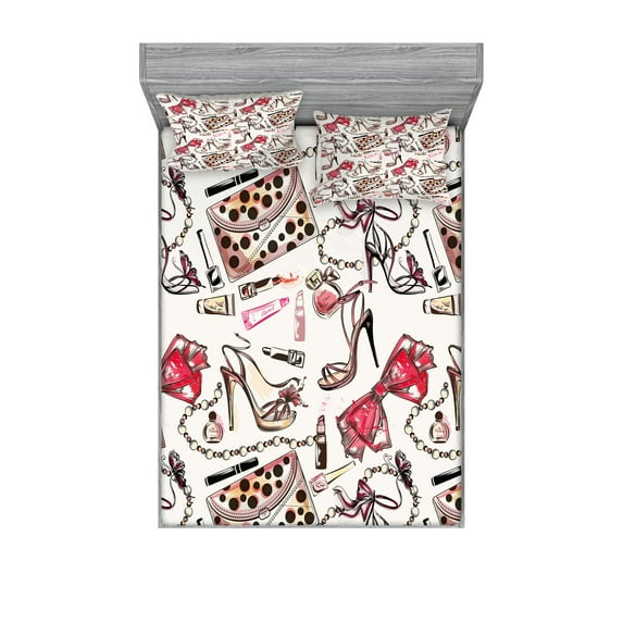 Ambesonne Fashion Fitted Sheet & Pillow Sham Set, Feminine Beauty Items, Full, Black Pink Tan