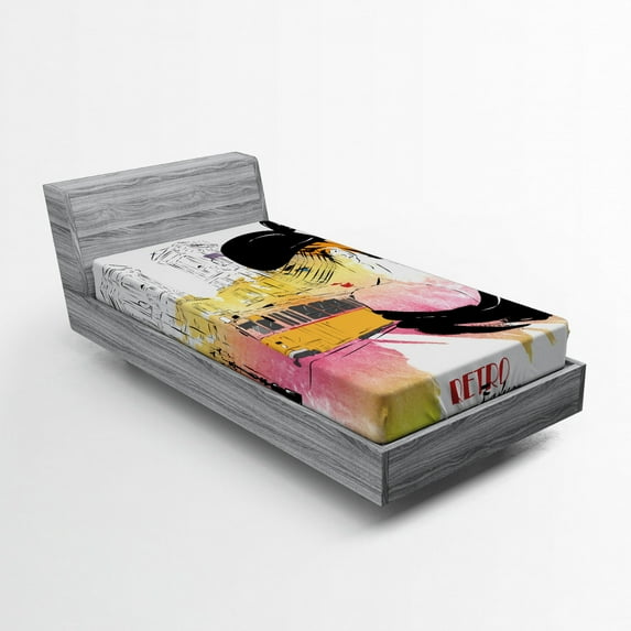 Ambesonne Fashion Fitted Sheet, Retro Lady Sketch Art, Twin XL Size, Orange Black Pink