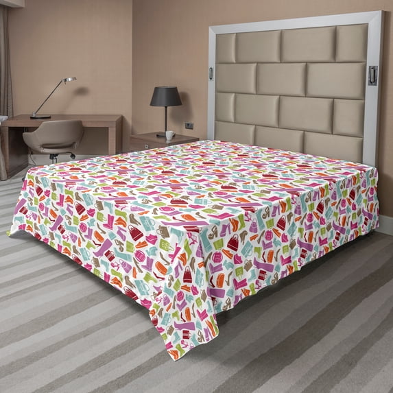 Ambesonne Fashion Flat Sheet, Clothes and Accessories, King Size, White and Multicolor