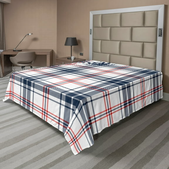 Ambesonne Fashion Flat Sheet, English Tartan Motif, Queen Size, Violet Blue Orange White