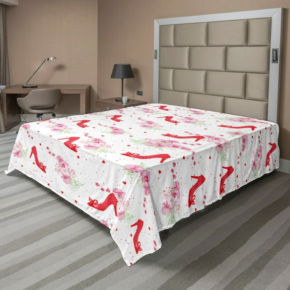 Ambesonne Fashion Flat Sheet, Fashion High Heels Flowers, Queen Size, Red White