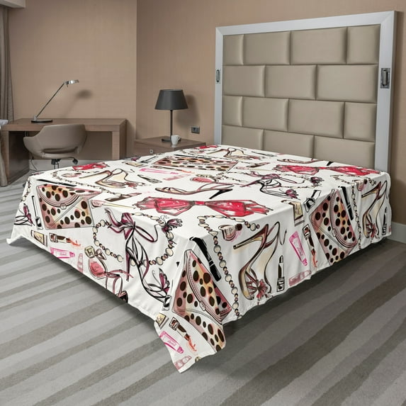 Ambesonne Fashion Flat Sheet, Feminine Beauty Items, Queen Size, Black Pink Tan