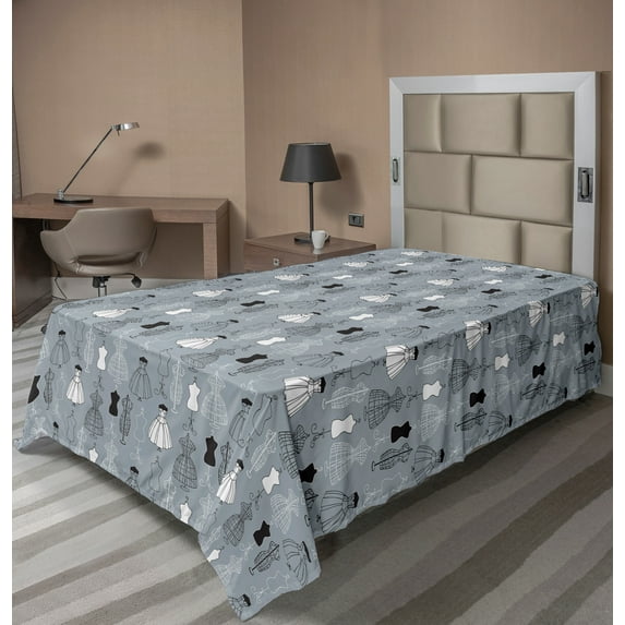 Ambesonne Fashion Flat Sheet, Haute Couture Atelier Art, Twin Size, Blue Grey Grey