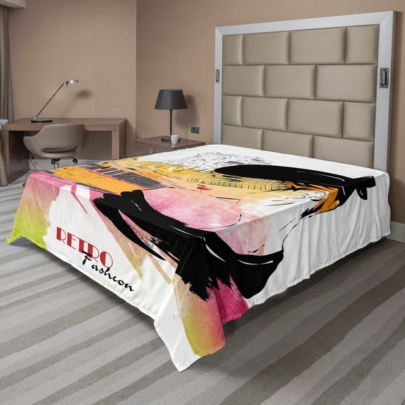 Ambesonne Fashion Flat Sheet, Retro Lady Sketch Art, King Size, Orange Black Pink