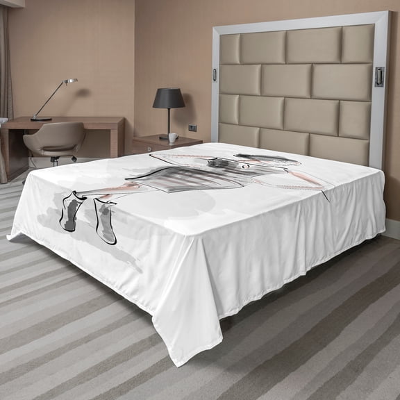 Ambesonne Fashion Flat Sheet, Slim Lady in a Dress, Queen Size, Pale Grey Pale Salmon