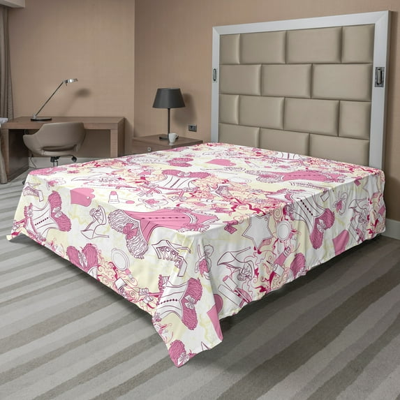 Ambesonne Fashion Flat Sheet, Vintage and Feminine Art, King Size, Beige and Pink